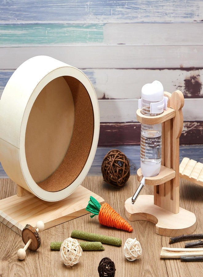 Sonwyoung 2 Pcs S, 7.9 Inch Wooden Hamster Wheels and Wood Hamster Water Bottle Set Guinea Pig Running Silent Exercise Wheels Small Animal Water Dispenser Stand Holder for Guinea Pig Gerbil - Image 2